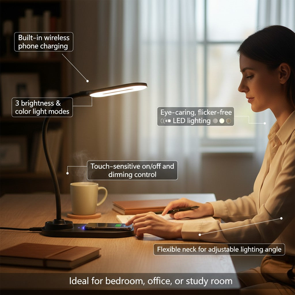 Eye‑Care LED Desk Lamp with Qi Wireless Charger by Envent